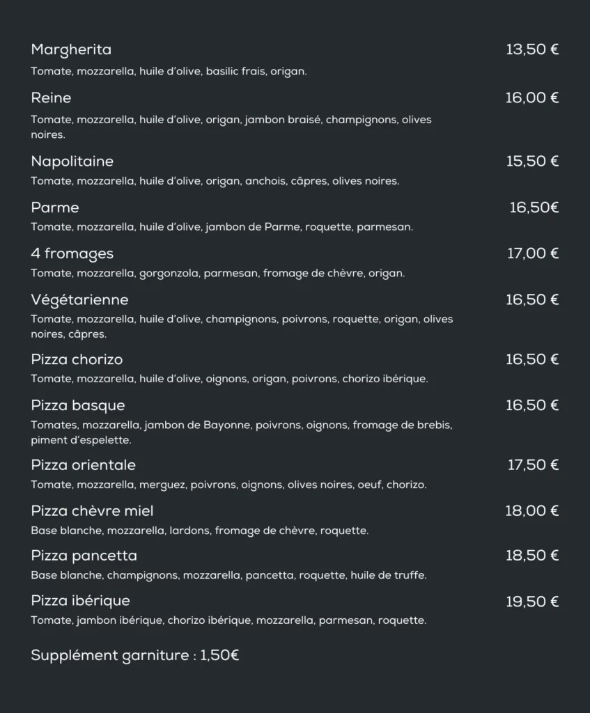 Carte des pizzas du restaurant Etche Ona.