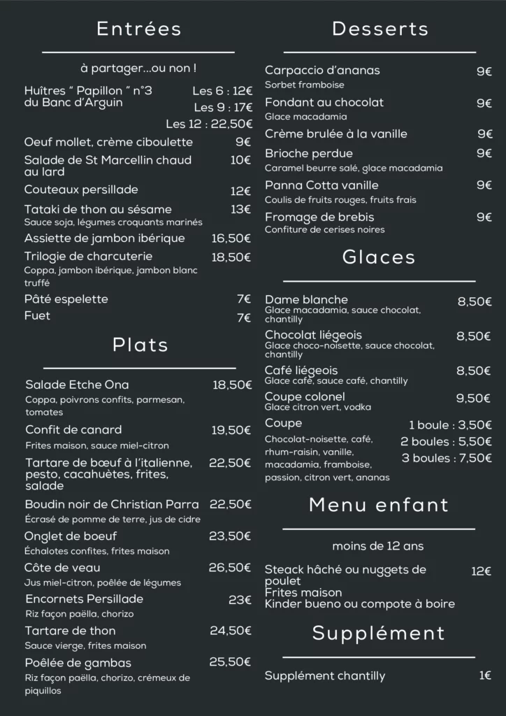 Carte de l'hôtel restaurant Etche Ona.