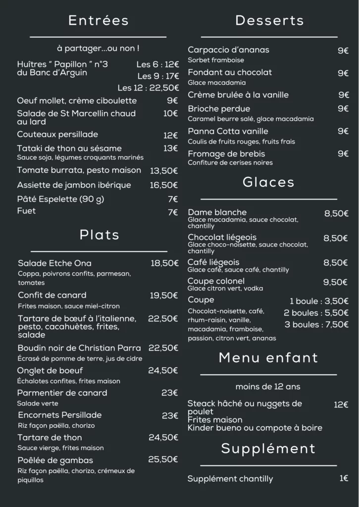 Carte de notre restaurant Etche Ona.