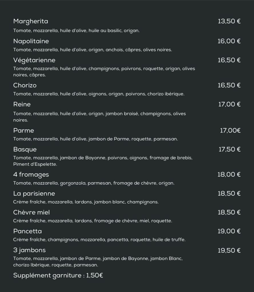 Carte de nos pizzas à emporter.