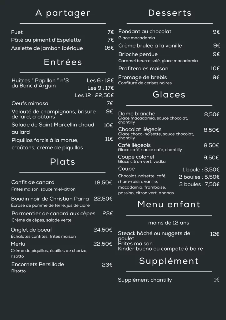 Carte du restaurant Etche Ona